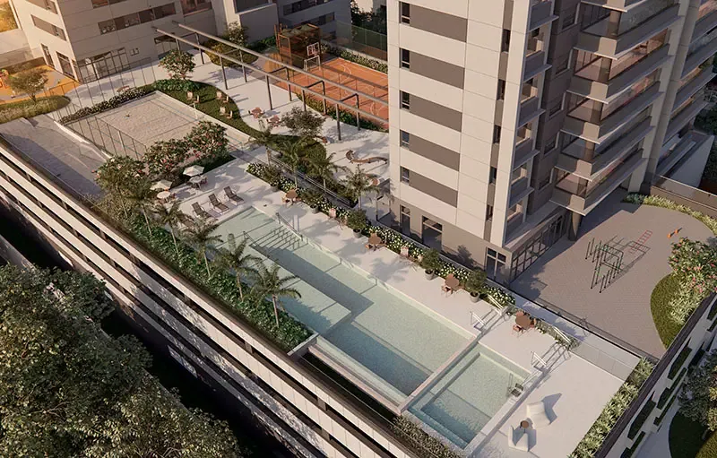 Piscina com deck molhado e borda infinita, Évory Park