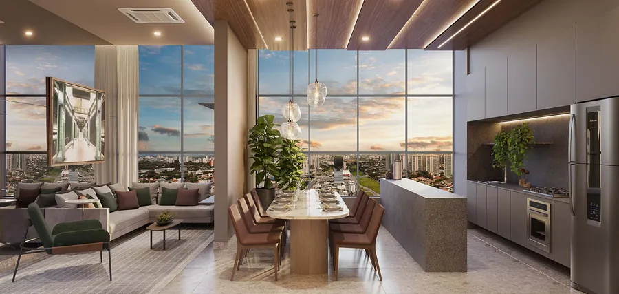 Living integrado com cozinha e vista, Kingdom