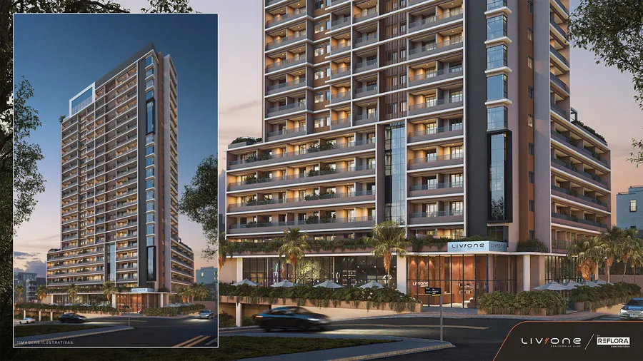 Fachada vista da rua ao entardecer, Liv One Residencial Club