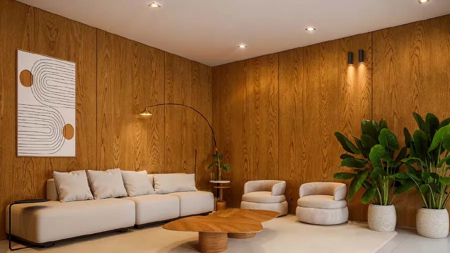 Lounge com painéis de madeira, Miraggio Villa Branca