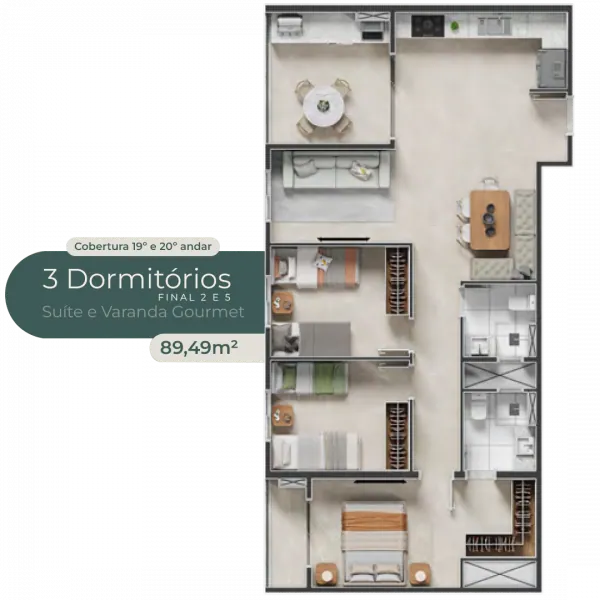 Planta 3 quartos, cobertura finais 2 e 3, Miraggio Villa Branca