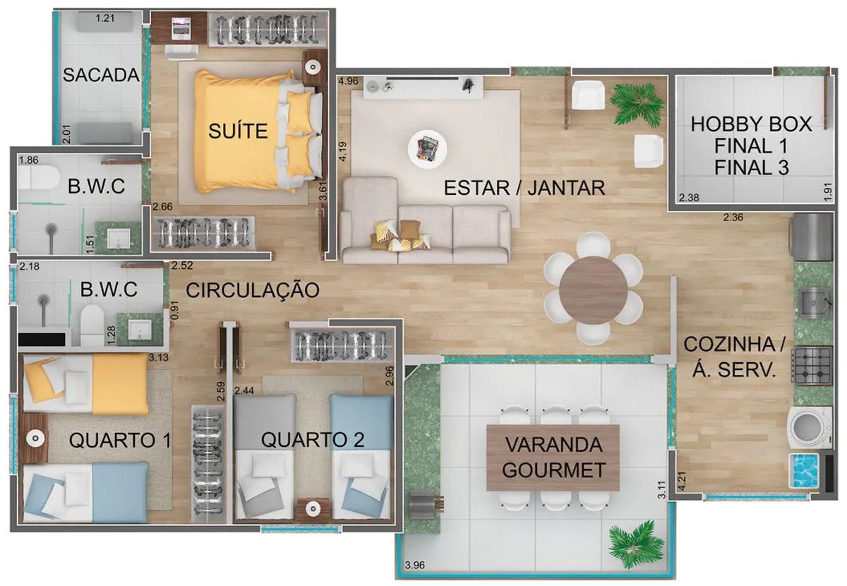 Planta 3 quartos, Neori Jardim Aquarius