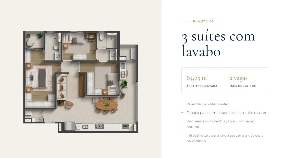 Planta 3 suítes com lavabo, Senses