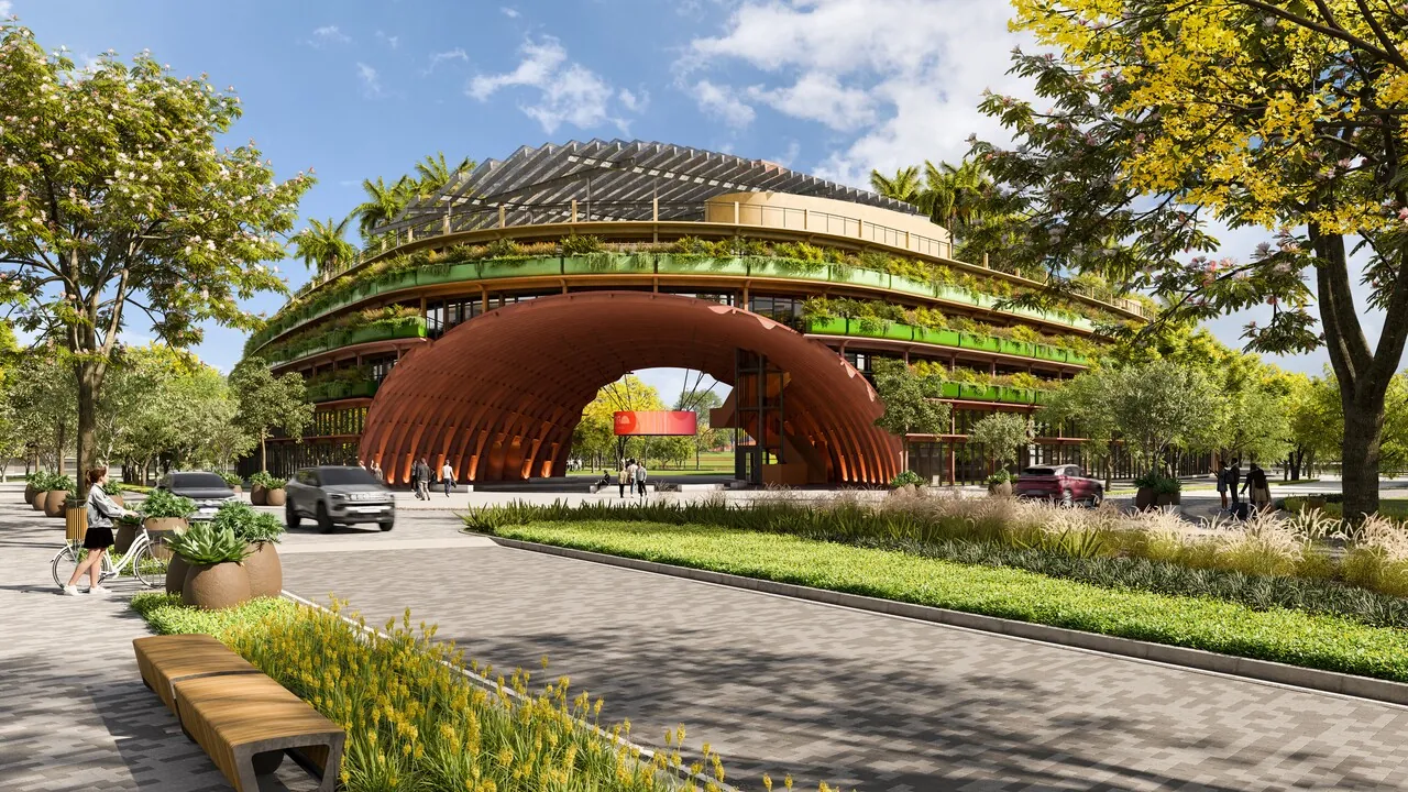 Perspectiva da Casa Una, polo gastronômico do Parque Una em São José dos Campos